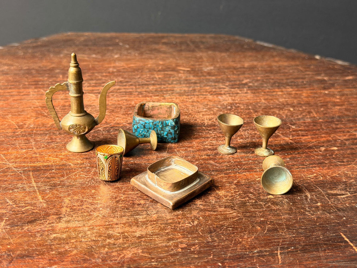 Vintage Miniature Brass Pitcher Set Turquoise Inlay Box Goblets Silk Road Art