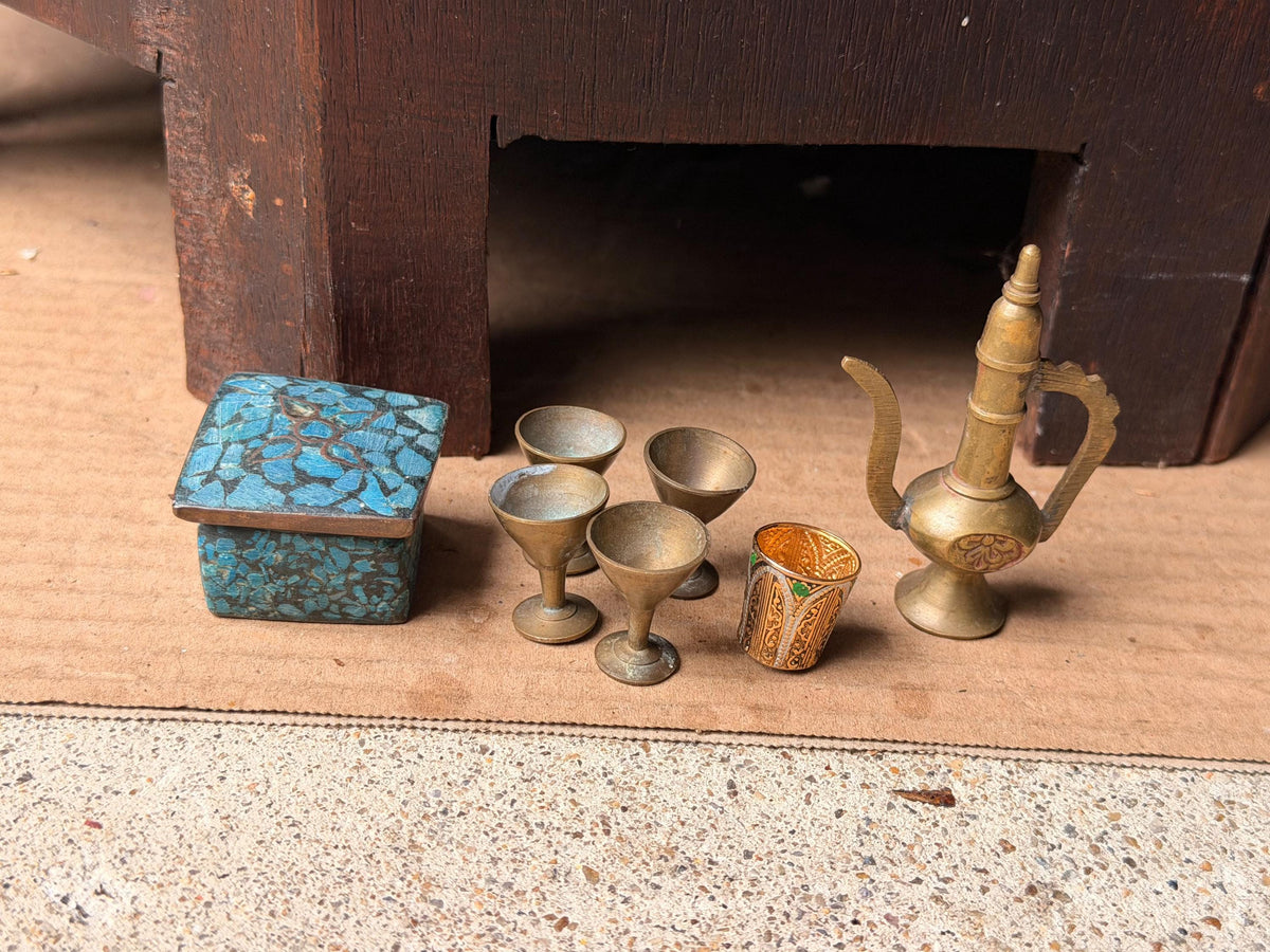 Vintage Miniature Brass Pitcher Set Turquoise Inlay Box Goblets Silk Road Art