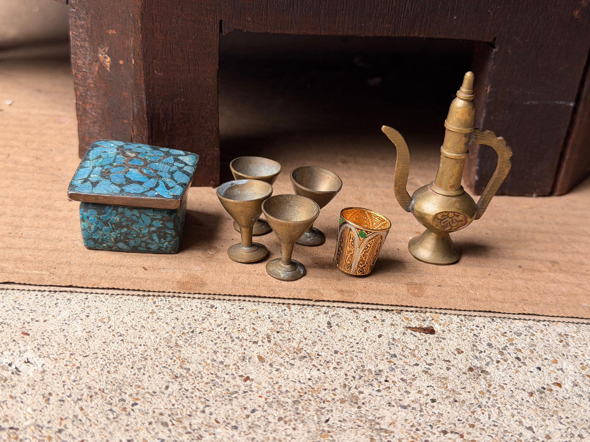 Vintage Miniature Brass Pitcher Set Turquoise Inlay Box Goblets Silk Road Art