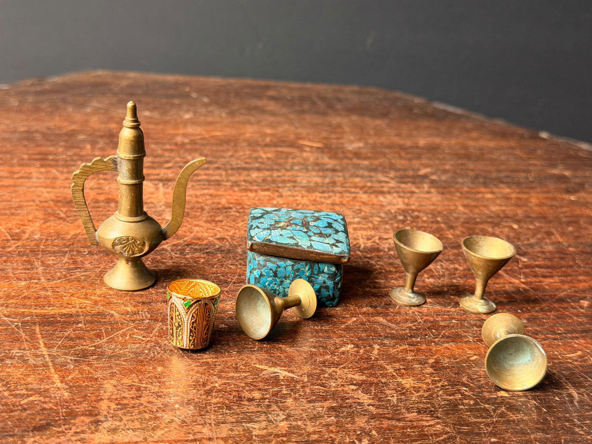 Vintage Miniature Brass Pitcher Set Turquoise Inlay Box Goblets Silk Road Art