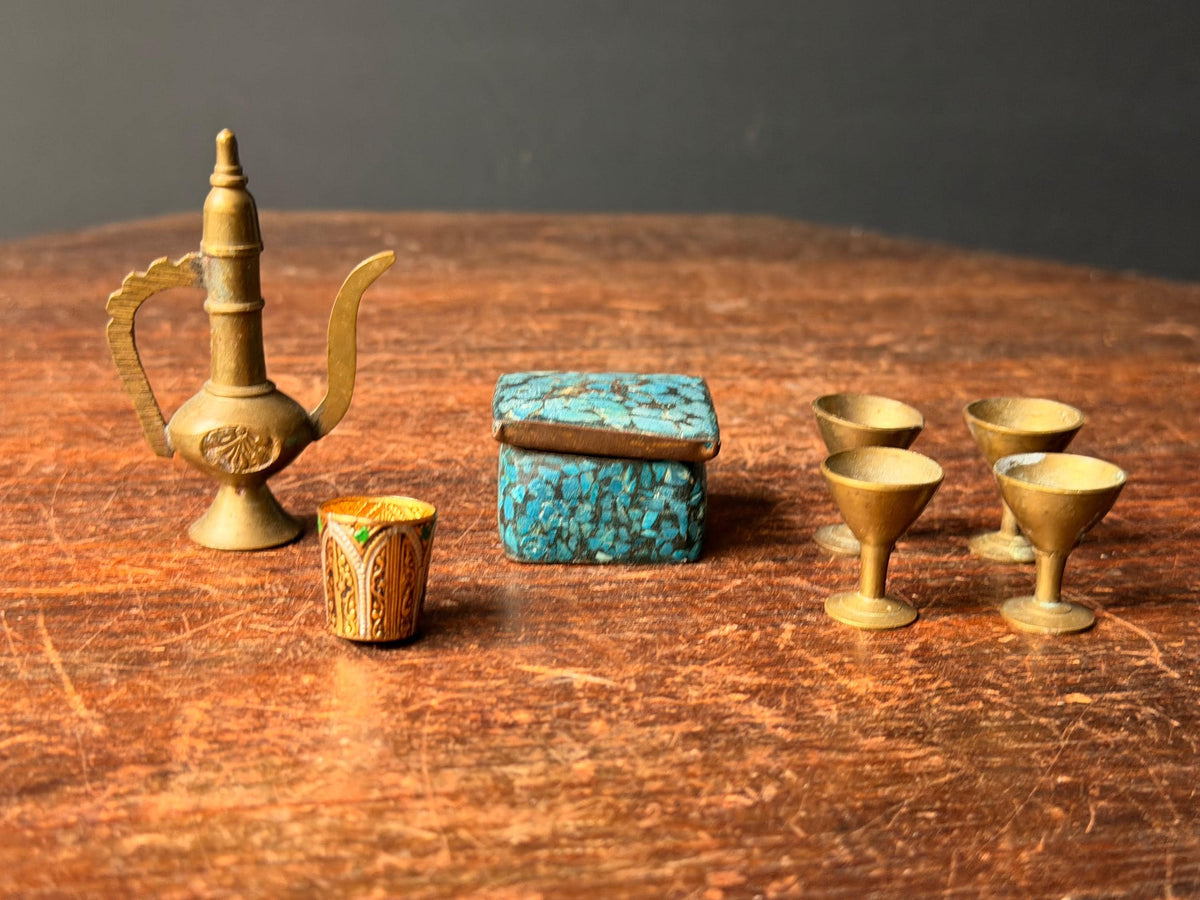 Vintage Miniature Brass Pitcher Set Turquoise Inlay Box Goblets Silk Road Art