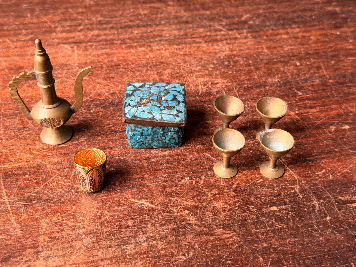 Vintage Miniature Brass Pitcher Set Turquoise Inlay Box Goblets Silk Road Art