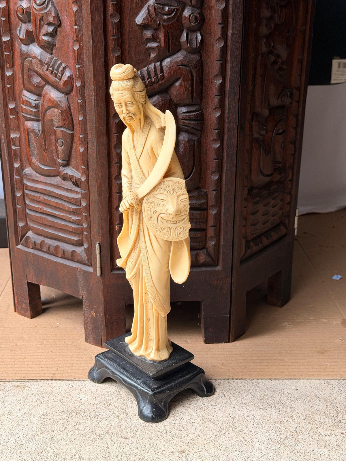 Vintage Carved Faux Bone Warrior Figure Dao Sword Mask Shield Asian Art 13.5"