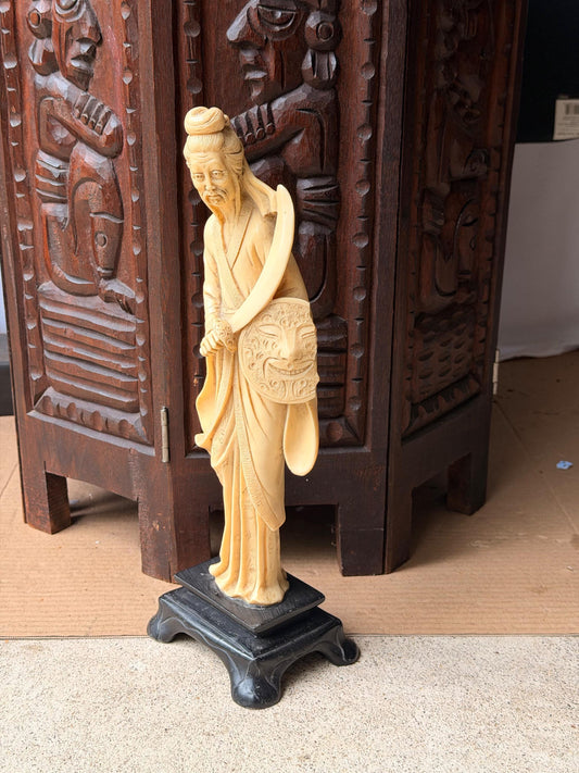 Vintage Carved Faux Bone Warrior Figure Dao Sword Mask Shield Asian Art 13.5"