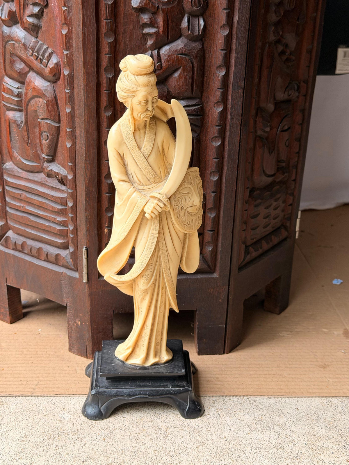 Vintage Carved Faux Bone Warrior Figure Dao Sword Mask Shield Asian Art 13.5"