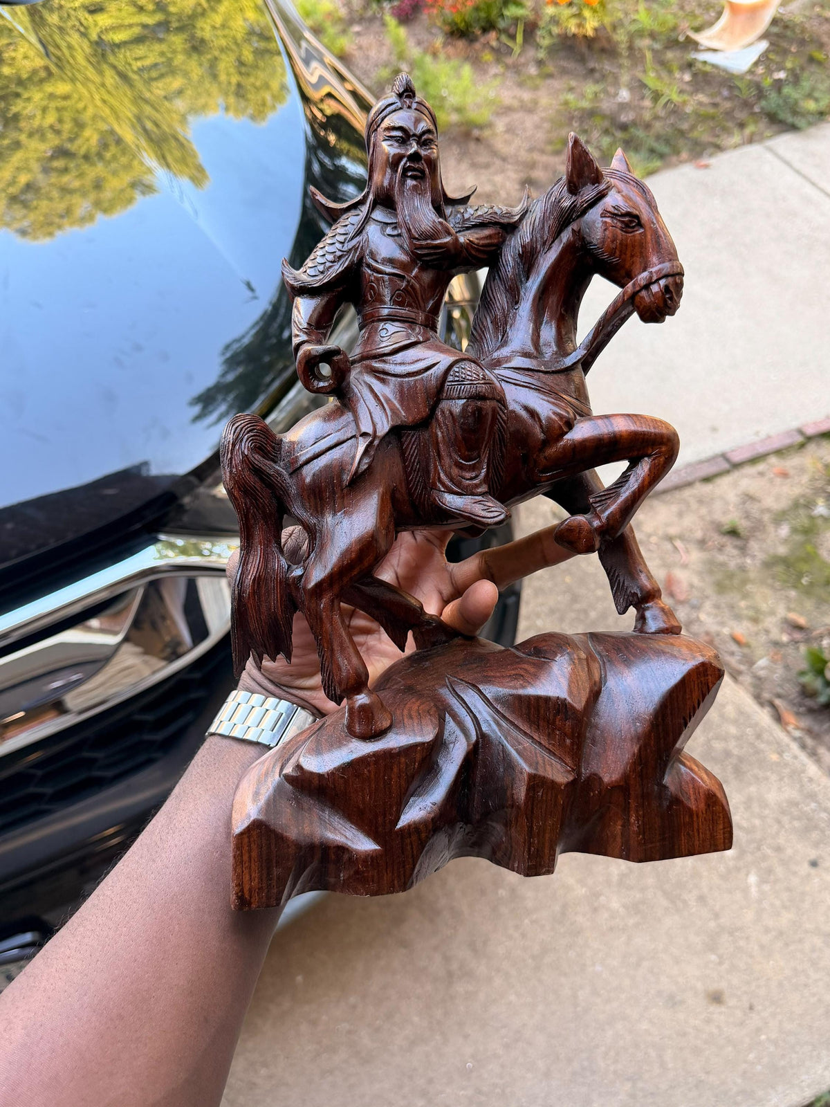 Vintage Hand Carved Wood Guan Yu General on Horse Statue Chinese Art 14"