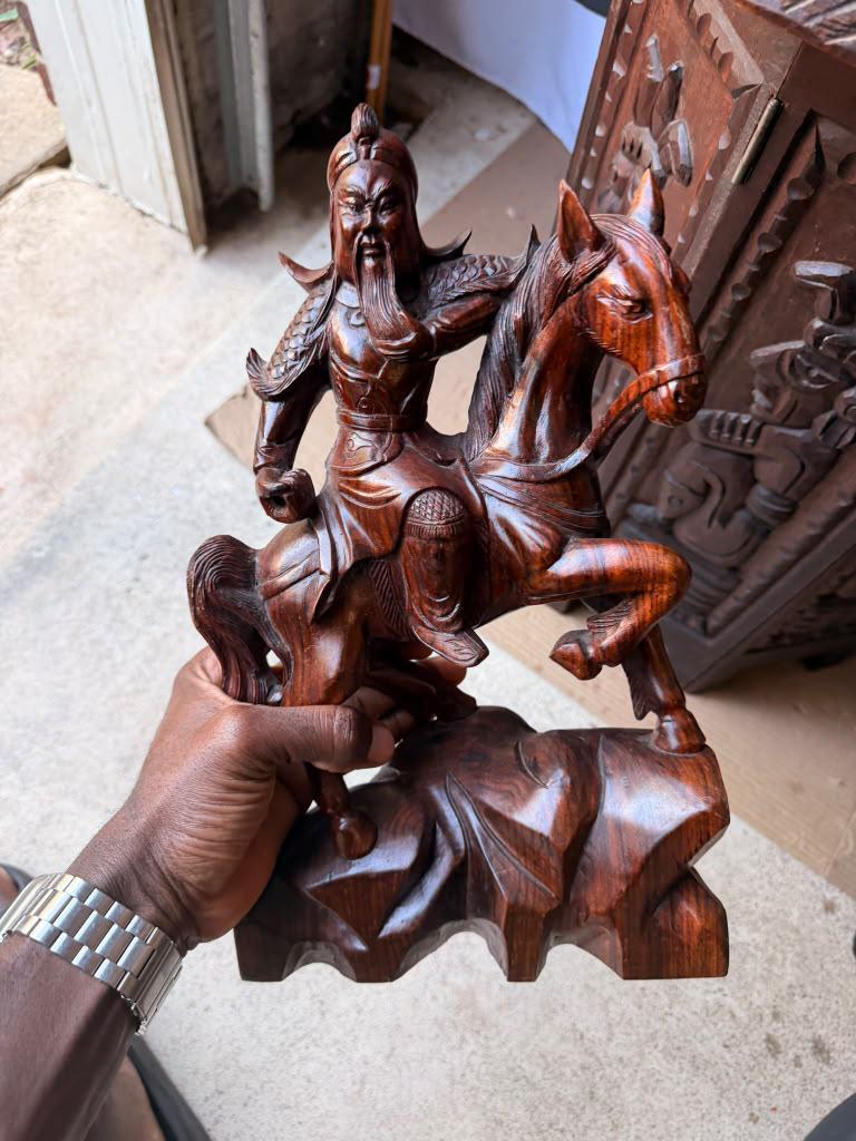 Vintage Hand Carved Wood Guan Yu General on Horse Statue Chinese Art 14"