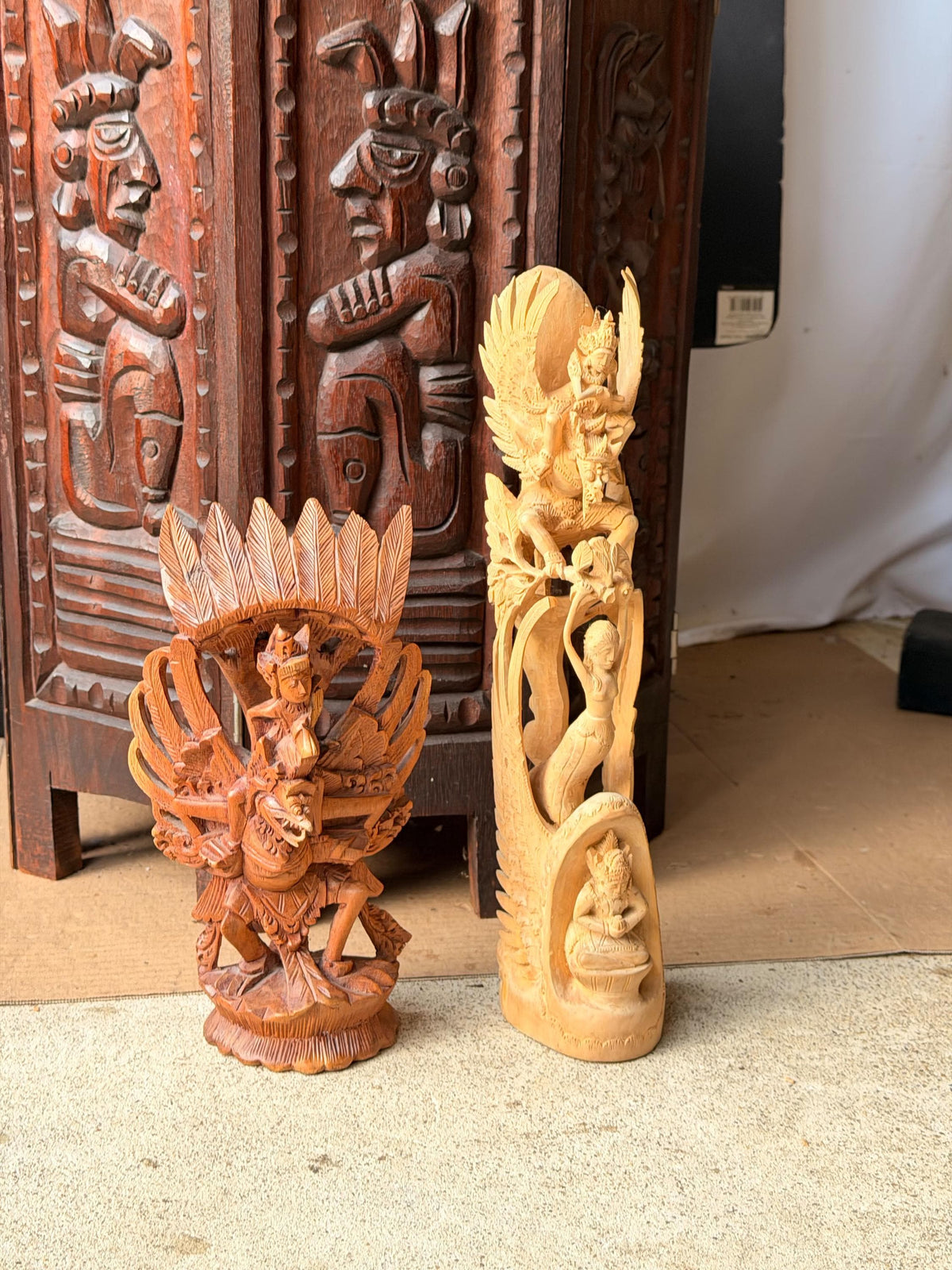 Vintage Balinese Carved Wood Statues Set Garuda Vishnu Sanur Bali Art 14"