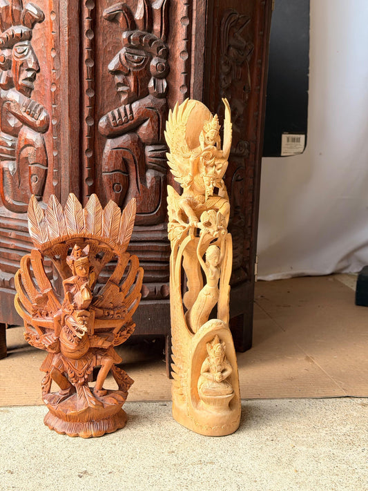 Vintage Balinese Carved Wood Statues Set Garuda Vishnu Sanur Bali Art 14"