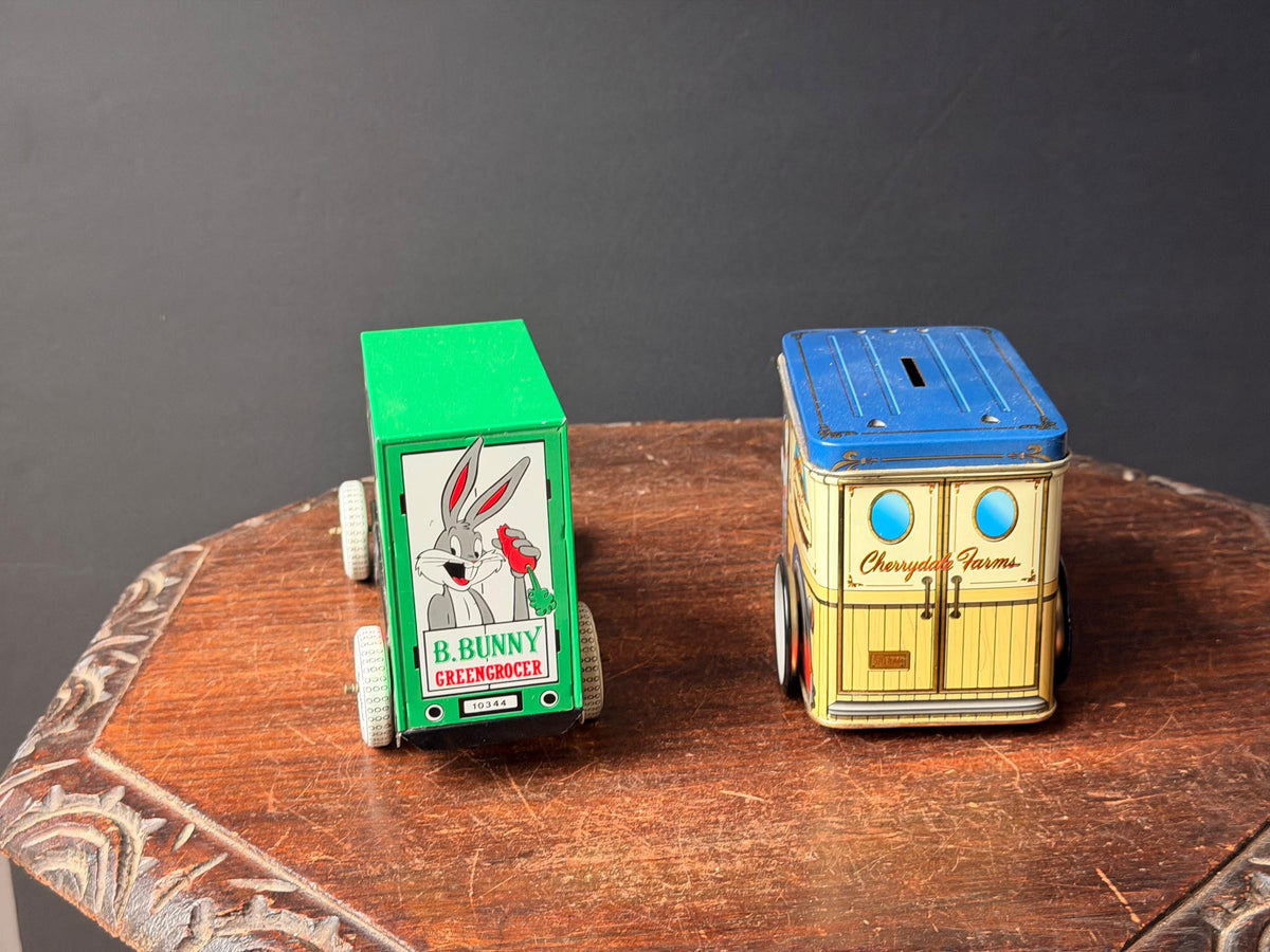 Vintage Mid-Century Tinplate Bugs Bunny & Cherrydale Farms Truck Pair 7.4 in