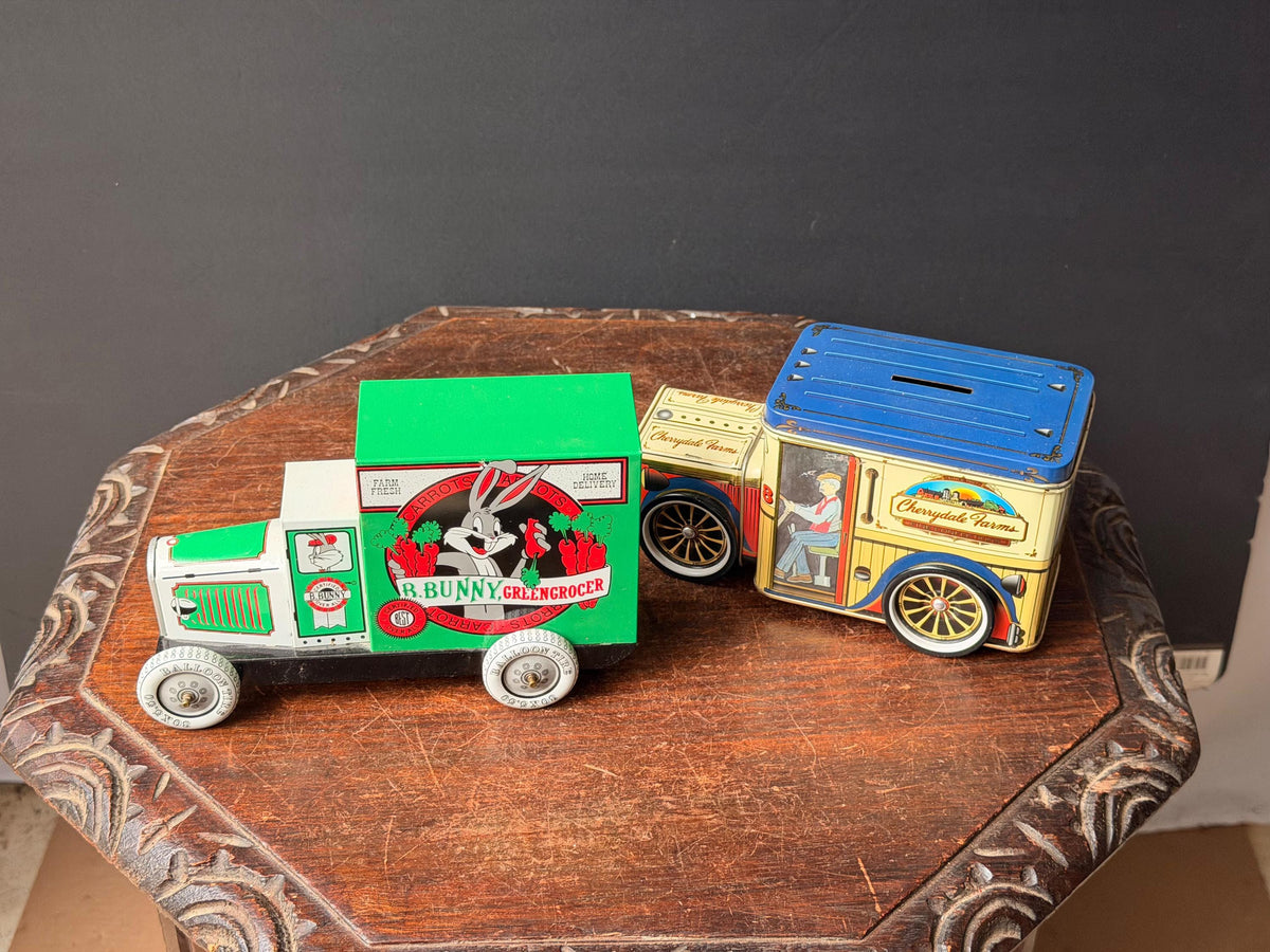 Vintage Mid-Century Tinplate Bugs Bunny & Cherrydale Farms Truck Pair 7.4 in