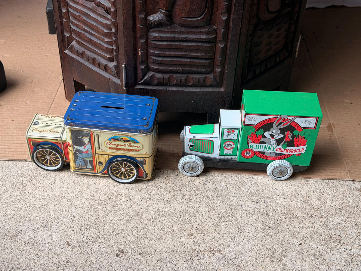 Vintage Mid-Century Tinplate Bugs Bunny & Cherrydale Farms Truck Pair 7.4 in