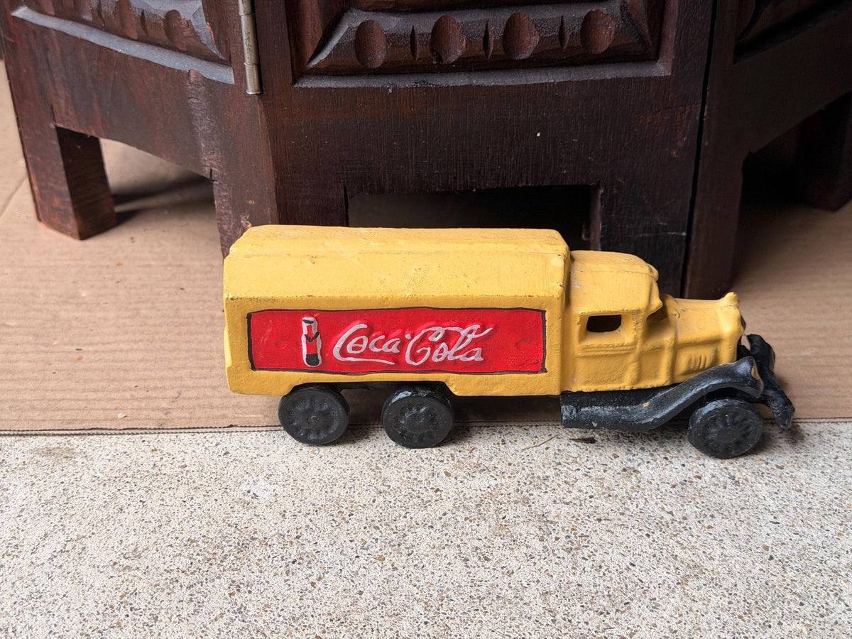 Vintage Cast Iron Coca Cola Yellow Delivery Truck Soda Collectible 7.5 in