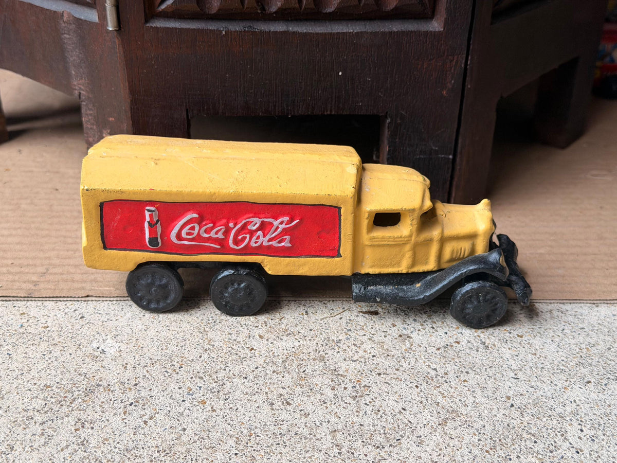 Vintage Cast Iron Coca Cola Yellow Delivery Truck Soda Collectible 7.5 in