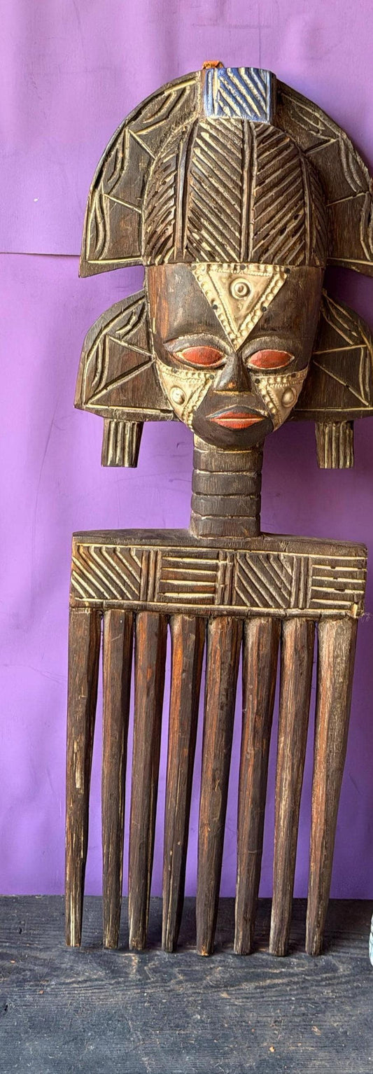 Large Vintage Ashanti Duafe Wood Comb - Hand Carved Ghana Akan Wall Art 22"
