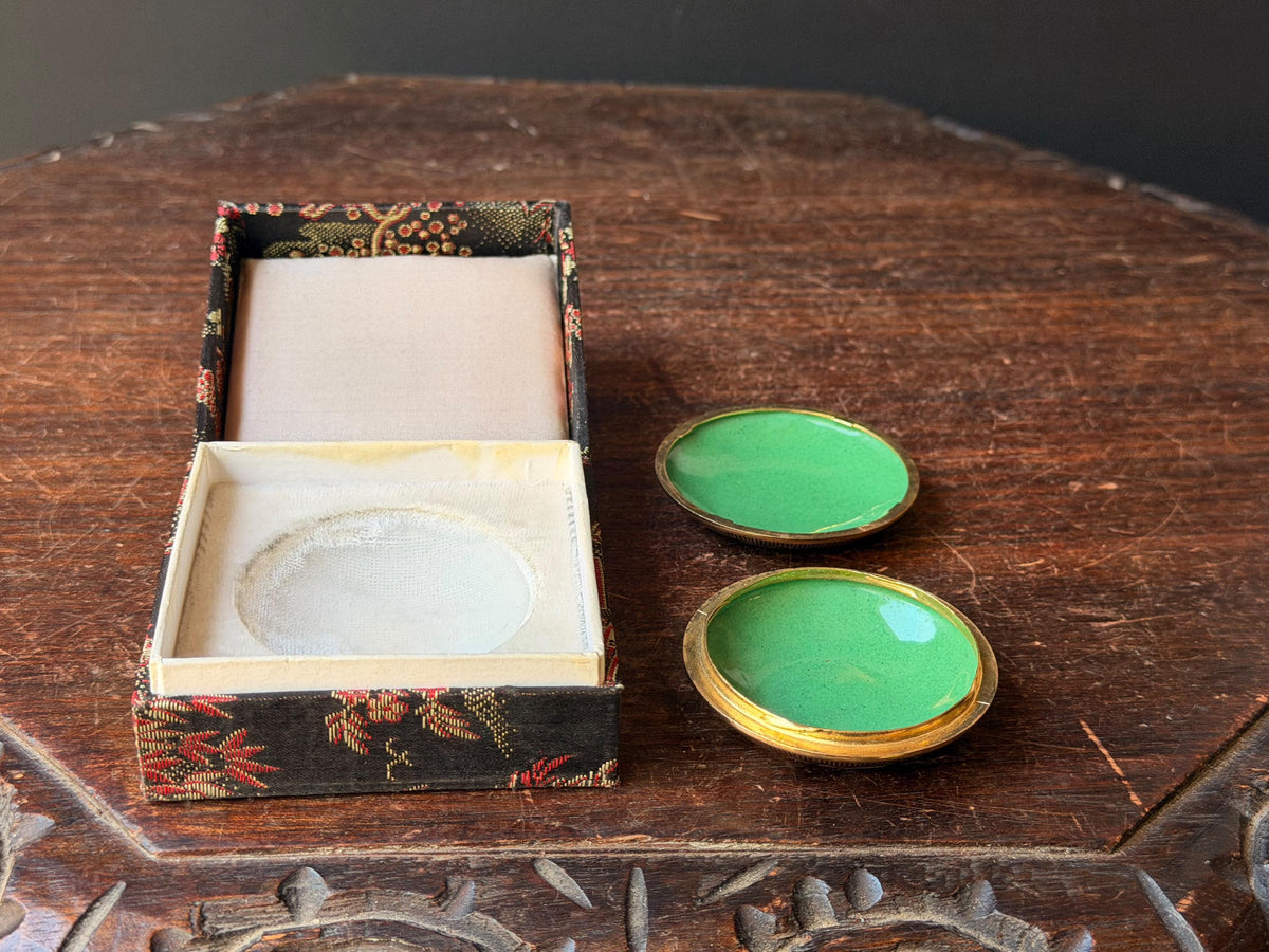 Vintage Chinese Cloisonne Enamel Trinket Box, Great Wall of China & White Blossoms, Pill or Ring Box in Brocade Gift Box