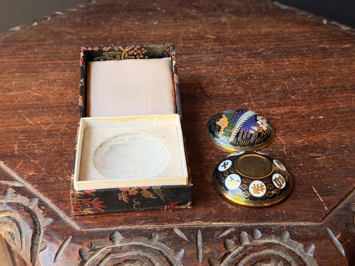 Vintage Chinese Cloisonne Enamel Trinket Box, Great Wall of China & White Blossoms, Pill or Ring Box in Brocade Gift Box