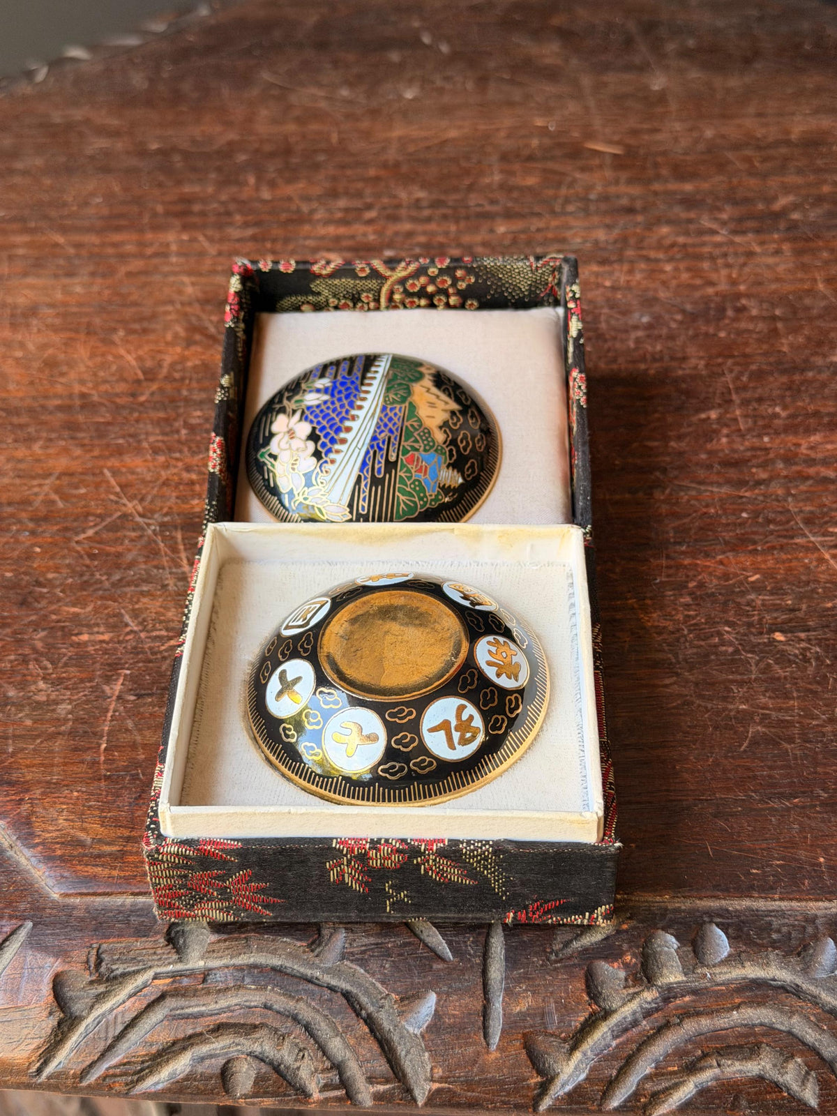 Vintage Chinese Cloisonne Enamel Trinket Box, Great Wall of China & White Blossoms, Pill or Ring Box in Brocade Gift Box