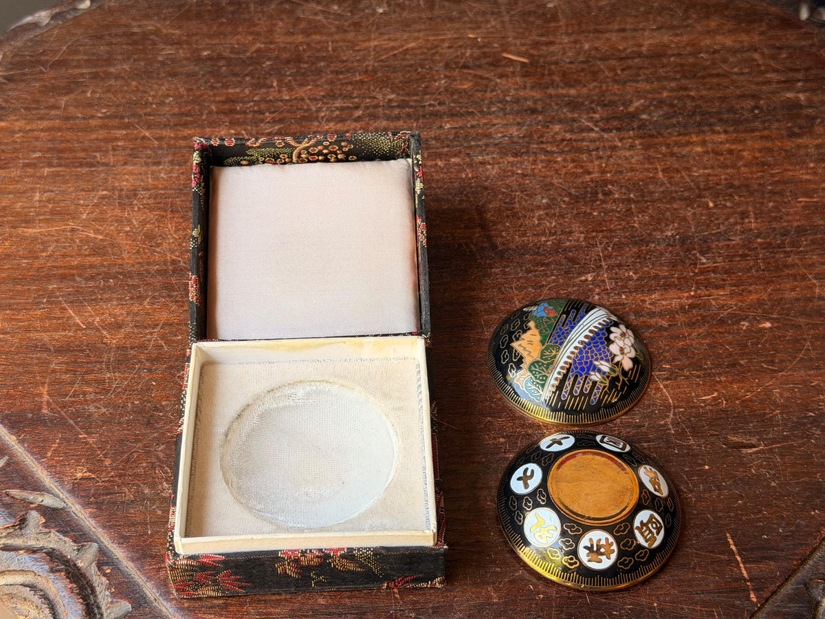 Vintage Chinese Cloisonne Enamel Trinket Box, Great Wall of China & White Blossoms, Pill or Ring Box in Brocade Gift Box