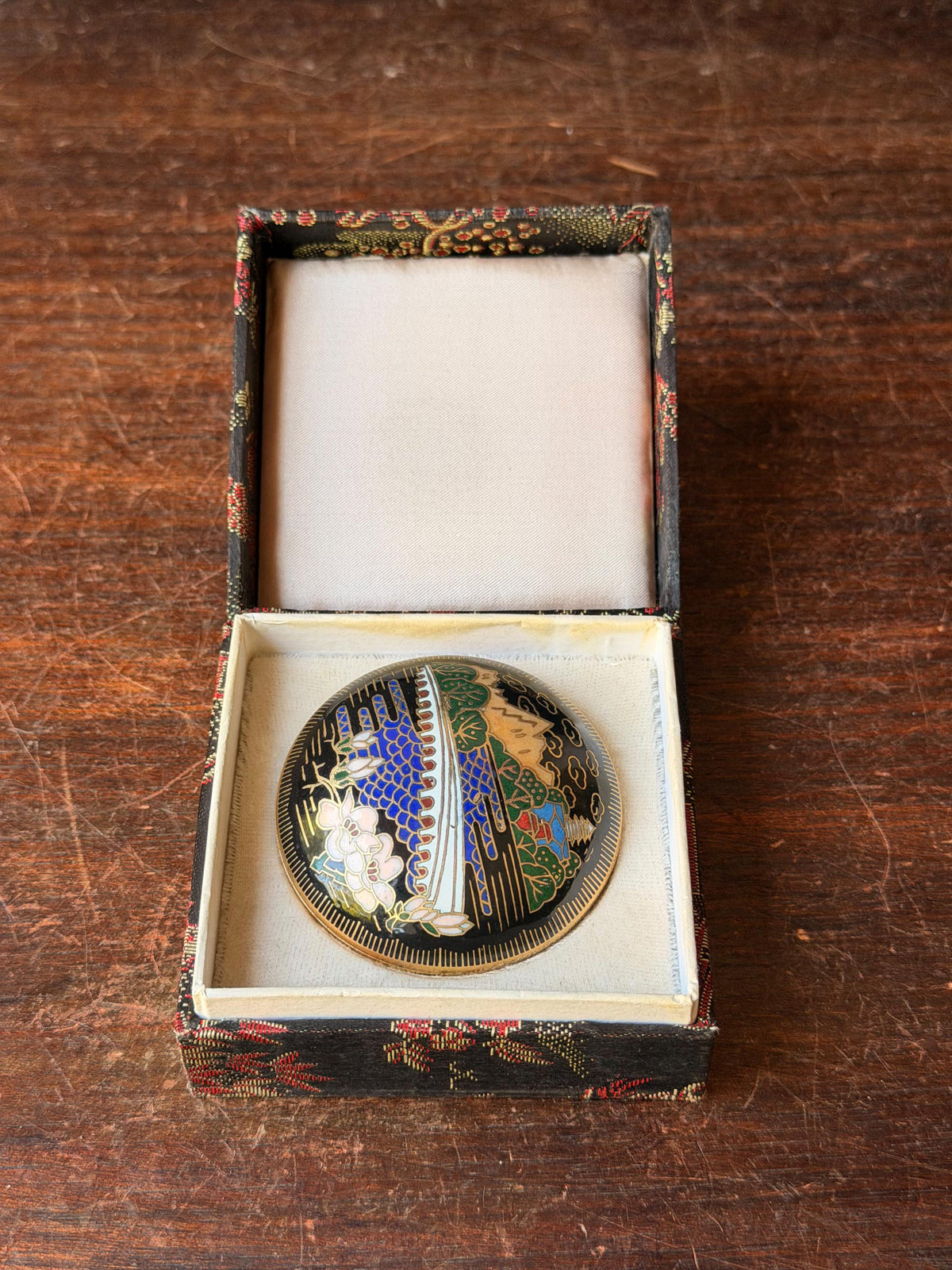 Vintage Chinese Cloisonne Enamel Trinket Box, Great Wall of China & White Blossoms, Pill or Ring Box in Brocade Gift Box