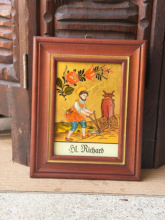 Vintage German Hinterglas Reverse Glass Painting St Richard of Chichester, Framed Folk Art Saint Picture with Plow & Oxe