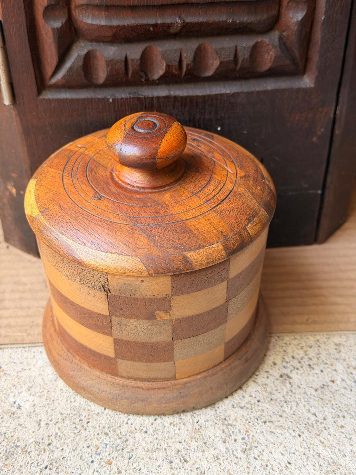 Vintage Segmented Wood Checkerboard Lidded Jar, Hand Turned Wooden Keepsake Box with Knob Lid, Studio Woodturning Trinke
