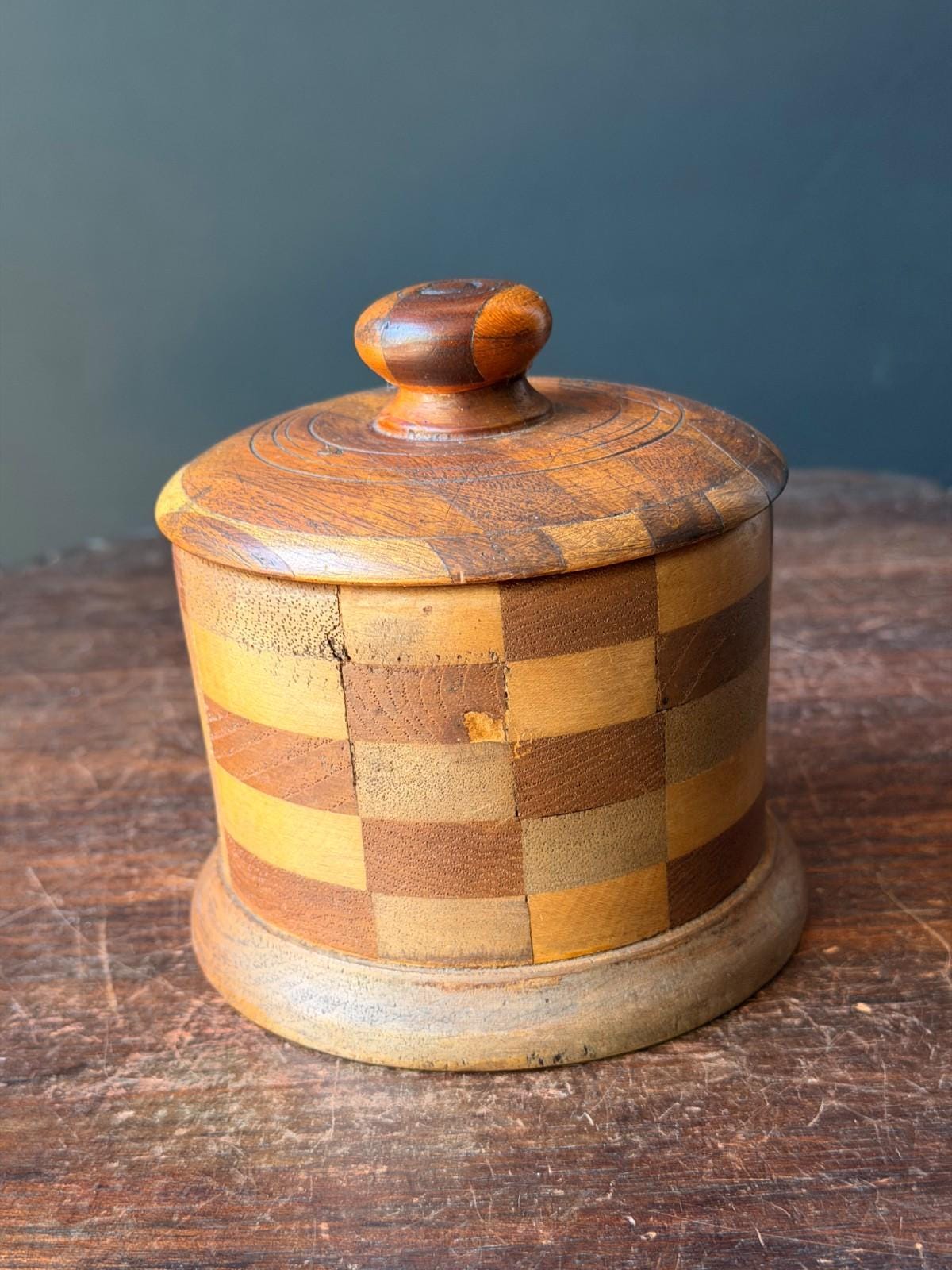 Vintage Segmented Wood Checkerboard Lidded Jar, Hand Turned Wooden Keepsake Box with Knob Lid, Studio Woodturning Trinke