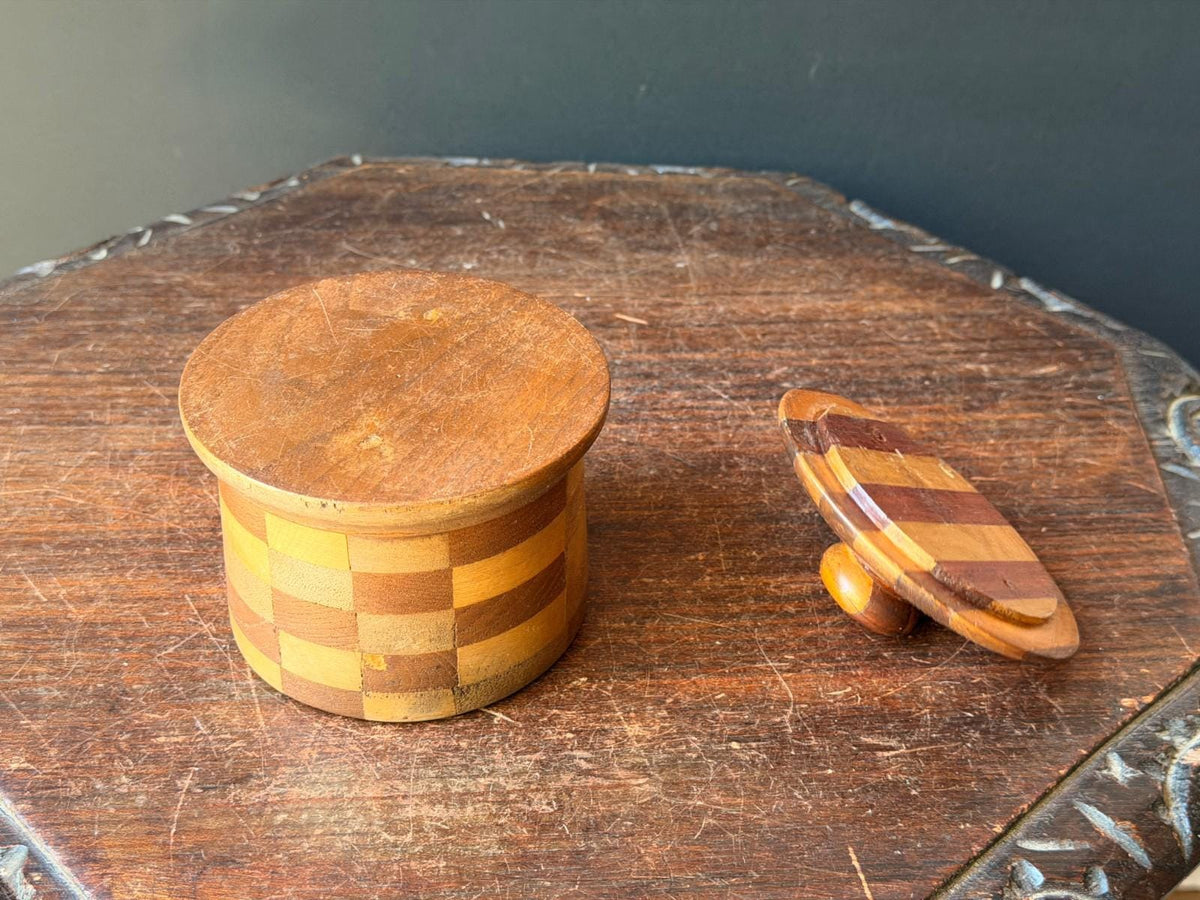 Vintage Segmented Wood Checkerboard Lidded Jar, Hand Turned Wooden Keepsake Box with Knob Lid, Studio Woodturning Trinke