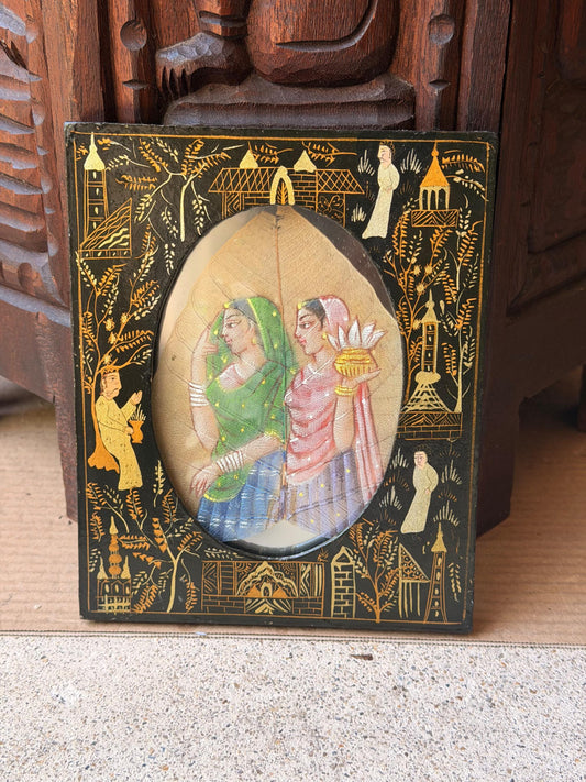 Vintage Indian Peepal Leaf Painting, Hand Painted Skeleton Leaf Miniature of Two Women with Lotus, Black & Gold Painted 