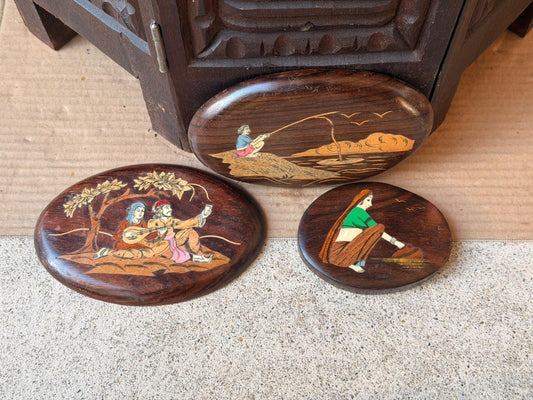 Vintage Indian Rosewood Inlay Wall Plaques, Set of 3, Mysore Style Wood Marquetry Scenes, Musician, Fisherman & Village 