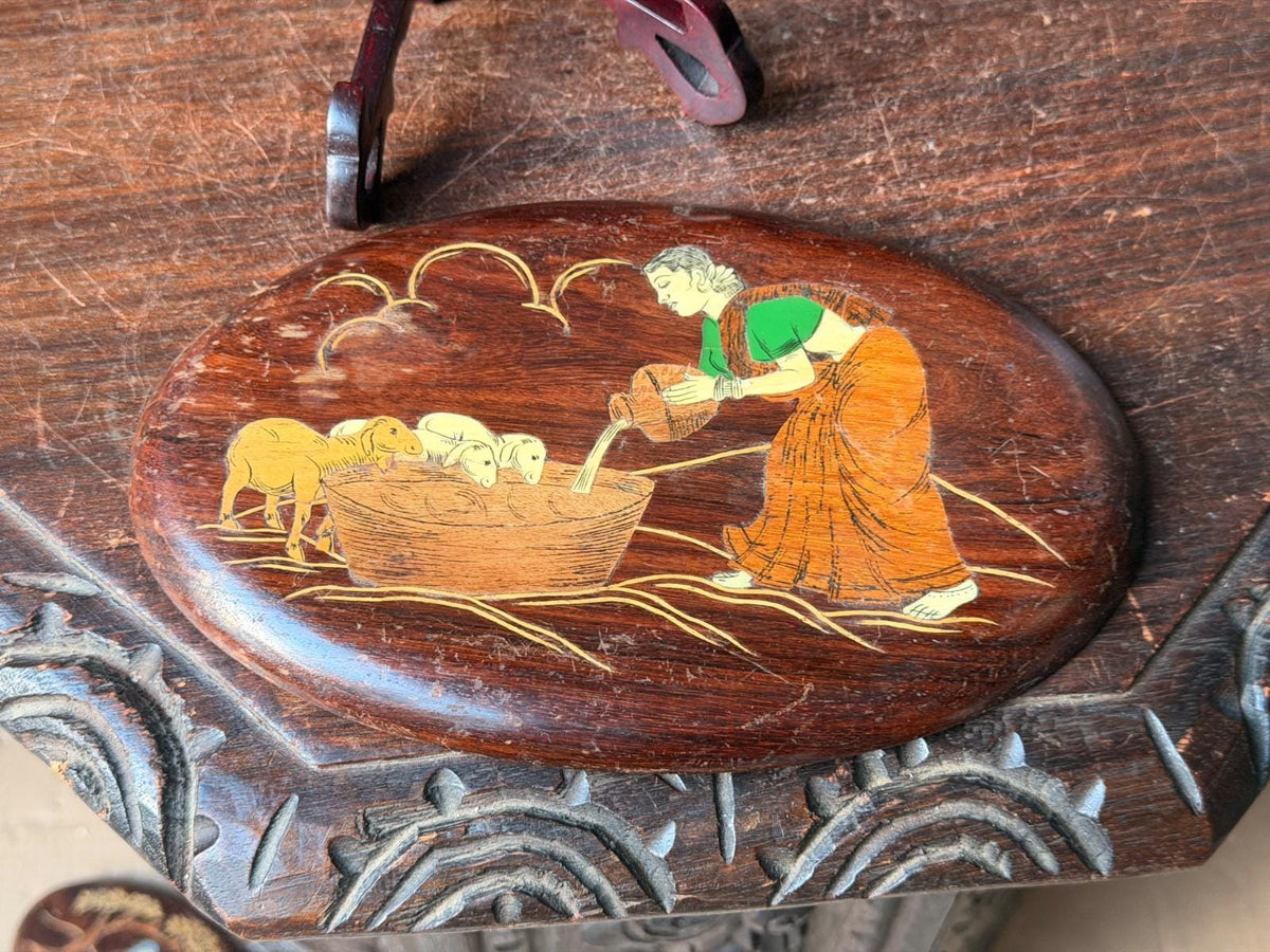 Vintage Indian Rosewood Inlay Wall Plaque with Easel Stand, Village Woman Watering Lambs, Mysore Style Wood Marquetry Fo