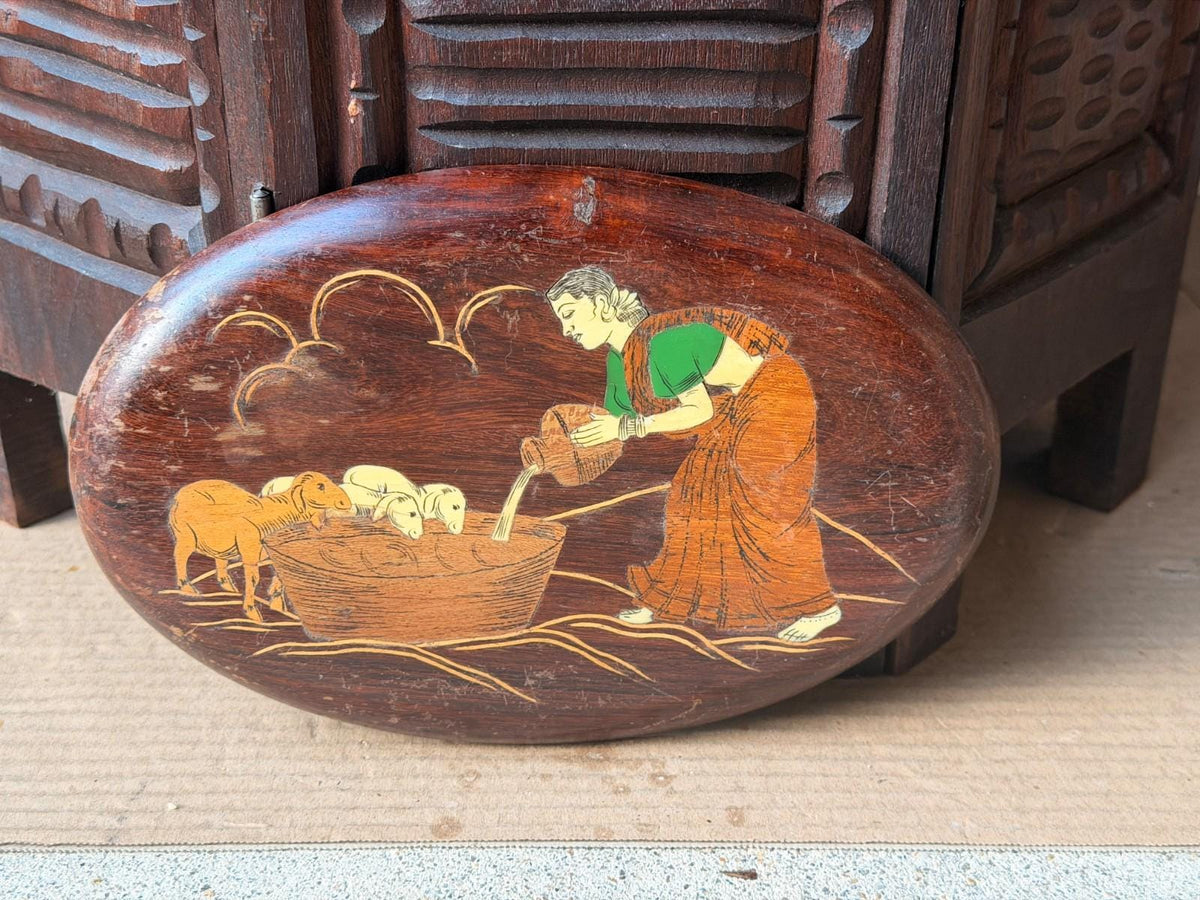 Vintage Indian Rosewood Inlay Wall Plaque with Easel Stand, Village Woman Watering Lambs, Mysore Style Wood Marquetry Fo
