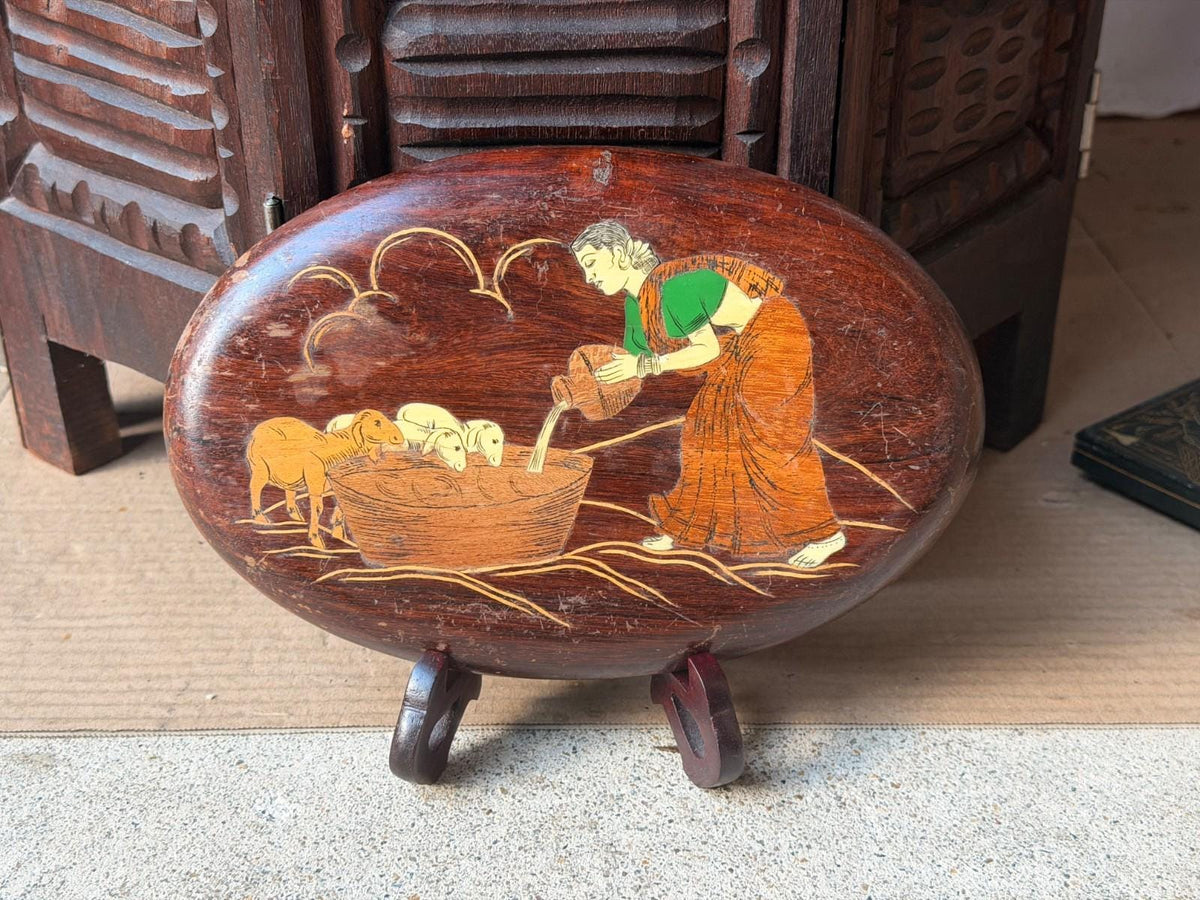 Vintage Indian Rosewood Inlay Wall Plaque with Easel Stand, Village Woman Watering Lambs, Mysore Style Wood Marquetry Fo