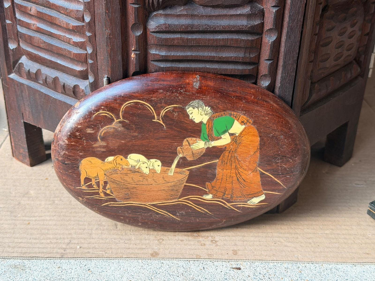 Vintage Indian Rosewood Inlay Wall Plaque with Easel Stand, Village Woman Watering Lambs, Mysore Style Wood Marquetry Fo