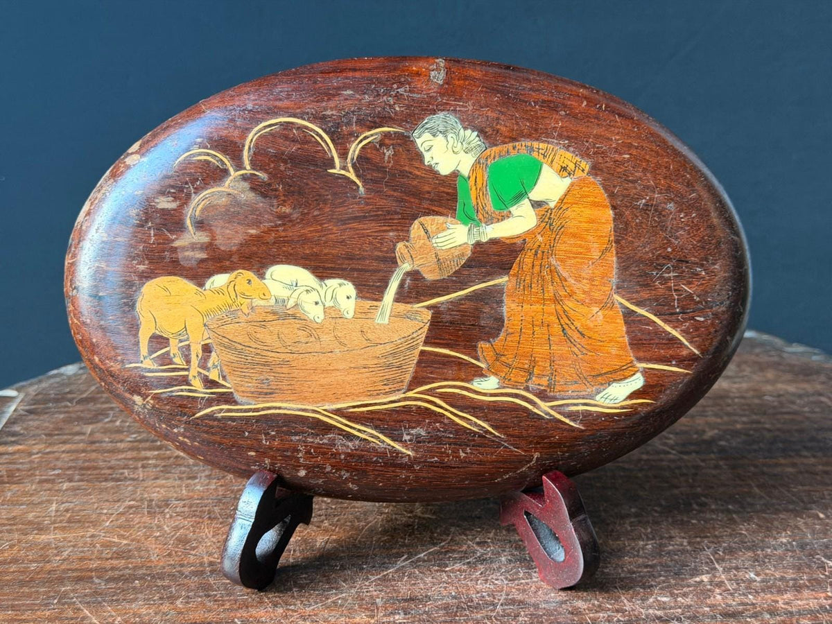 Vintage Indian Rosewood Inlay Wall Plaque with Easel Stand, Village Woman Watering Lambs, Mysore Style Wood Marquetry Fo