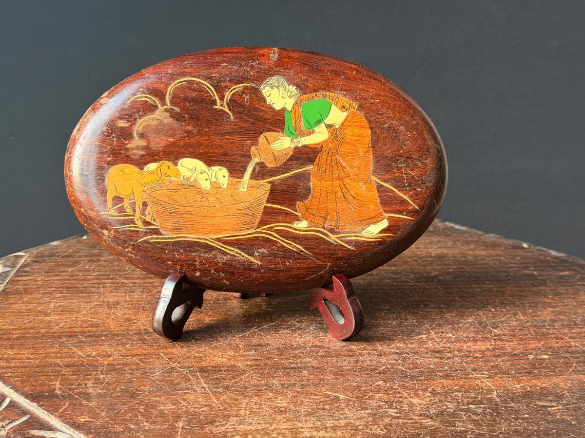 Vintage Indian Rosewood Inlay Wall Plaque with Easel Stand, Village Woman Watering Lambs, Mysore Style Wood Marquetry Fo