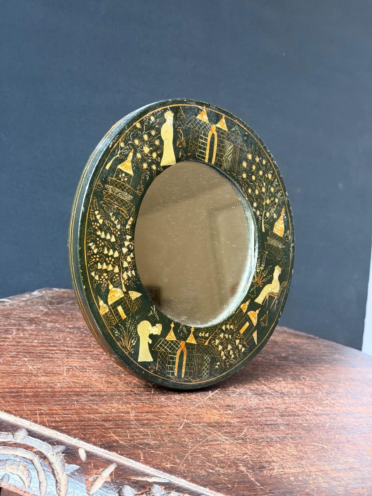 Vintage Indian Lacquer Vanity Mirror with Easel Stand, Hand Painted Gold Village Scene, Round Tabletop or Wall Mirror, G