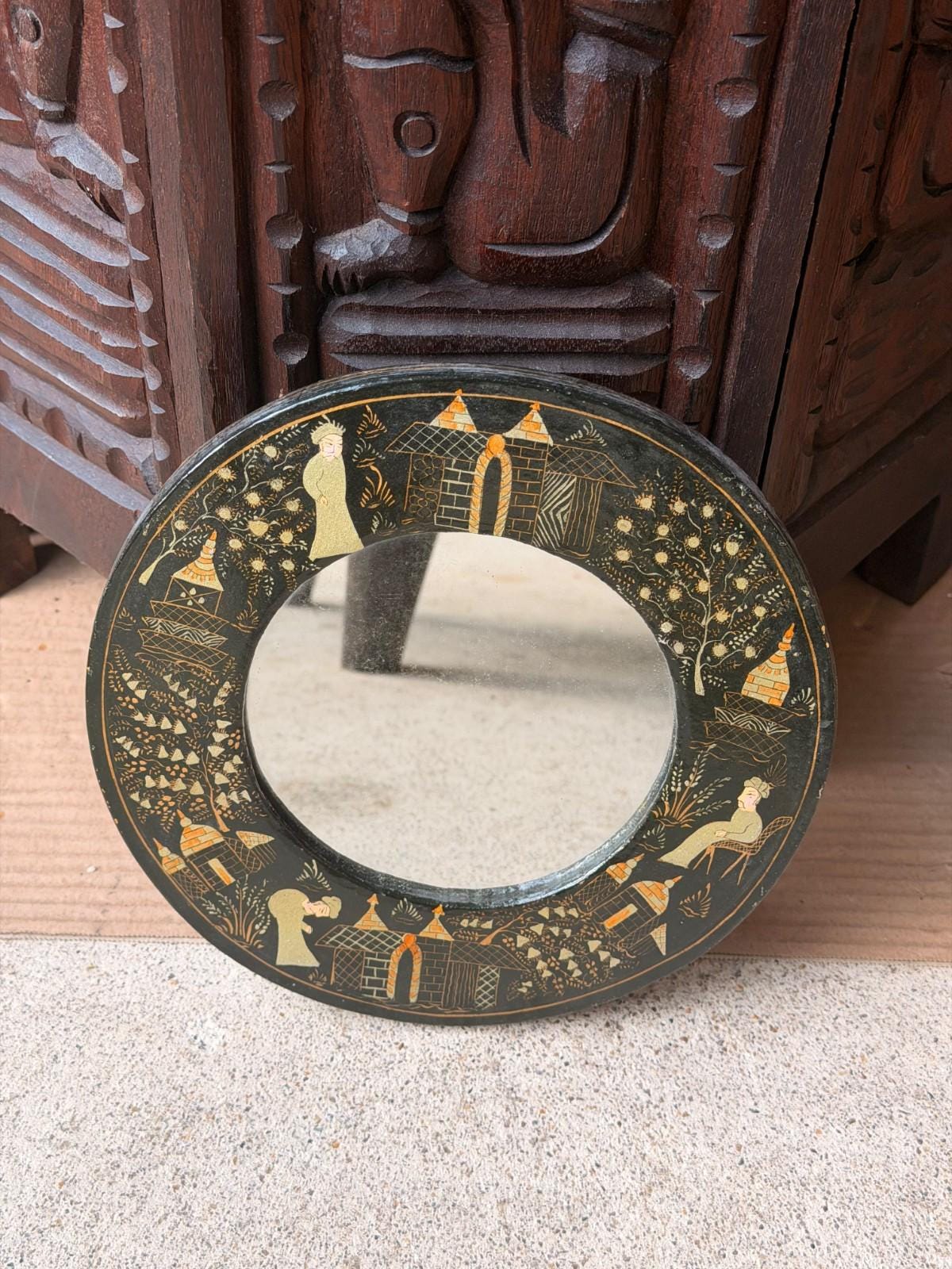 Vintage Indian Lacquer Vanity Mirror with Easel Stand, Hand Painted Gold Village Scene, Round Tabletop or Wall Mirror, G