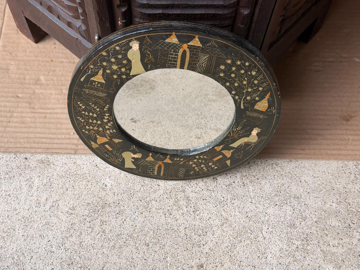 Vintage Indian Lacquer Vanity Mirror with Easel Stand, Hand Painted Gold Village Scene, Round Tabletop or Wall Mirror, G