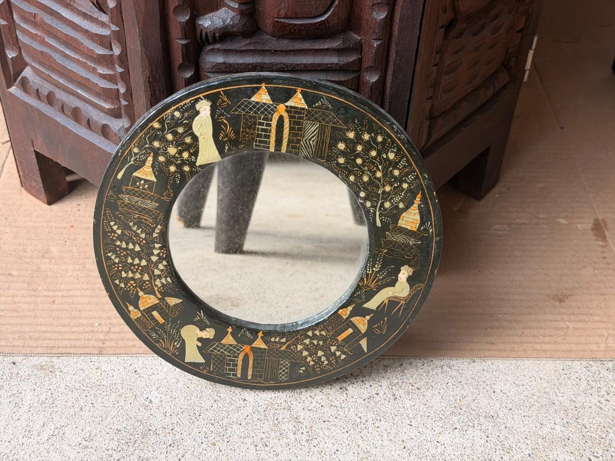 Vintage Indian Lacquer Vanity Mirror with Easel Stand, Hand Painted Gold Village Scene, Round Tabletop or Wall Mirror, G