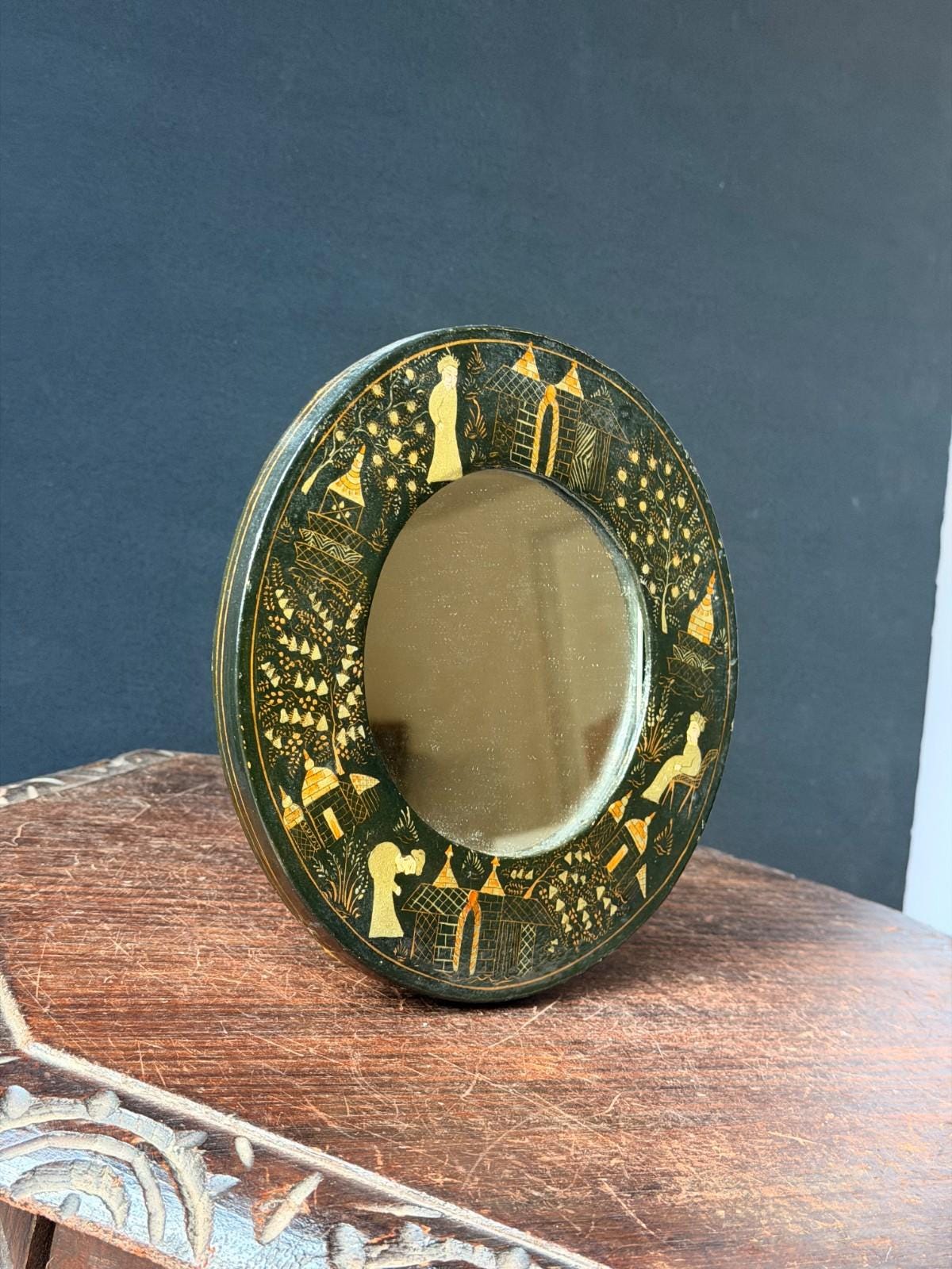 Vintage Indian Lacquer Vanity Mirror with Easel Stand, Hand Painted Gold Village Scene, Round Tabletop or Wall Mirror, G