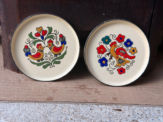 Vintage Greek Enamel Coasters, Set of 2, Moissiadis Greece Folk Art Rooster Dishes, Small Ring or Trinket Dish Pair, 3.1