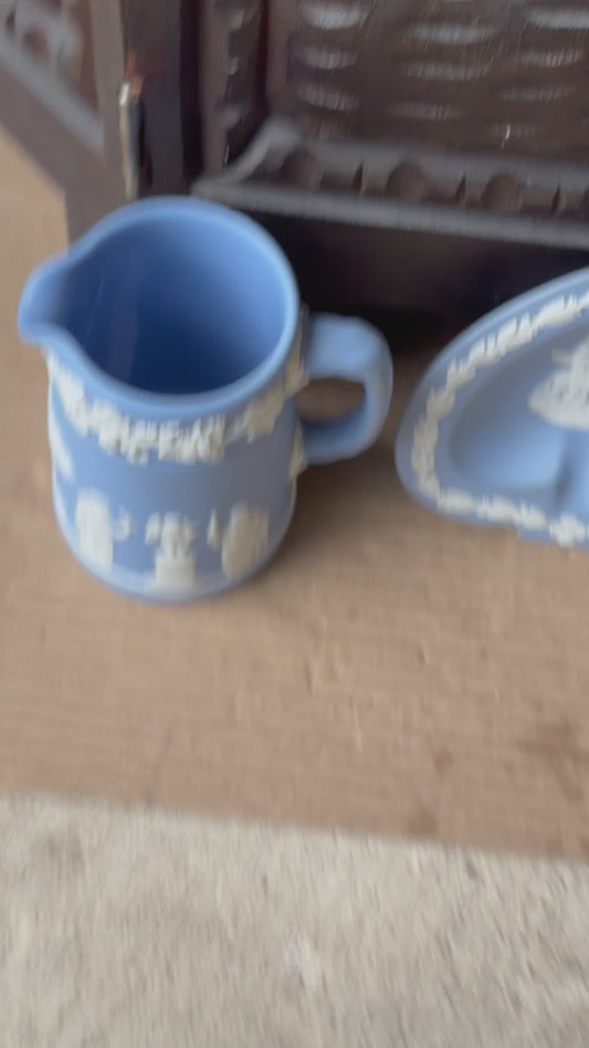Vintage Wedgwood Pale Blue Jasperware Creamer Jug & Spade Trinket Dish Set of 2
