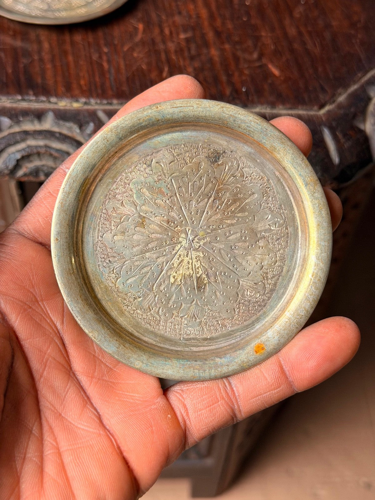 Vintage Middle Eastern Silver Plated Coasters Near Eastern Etched Dish Pair