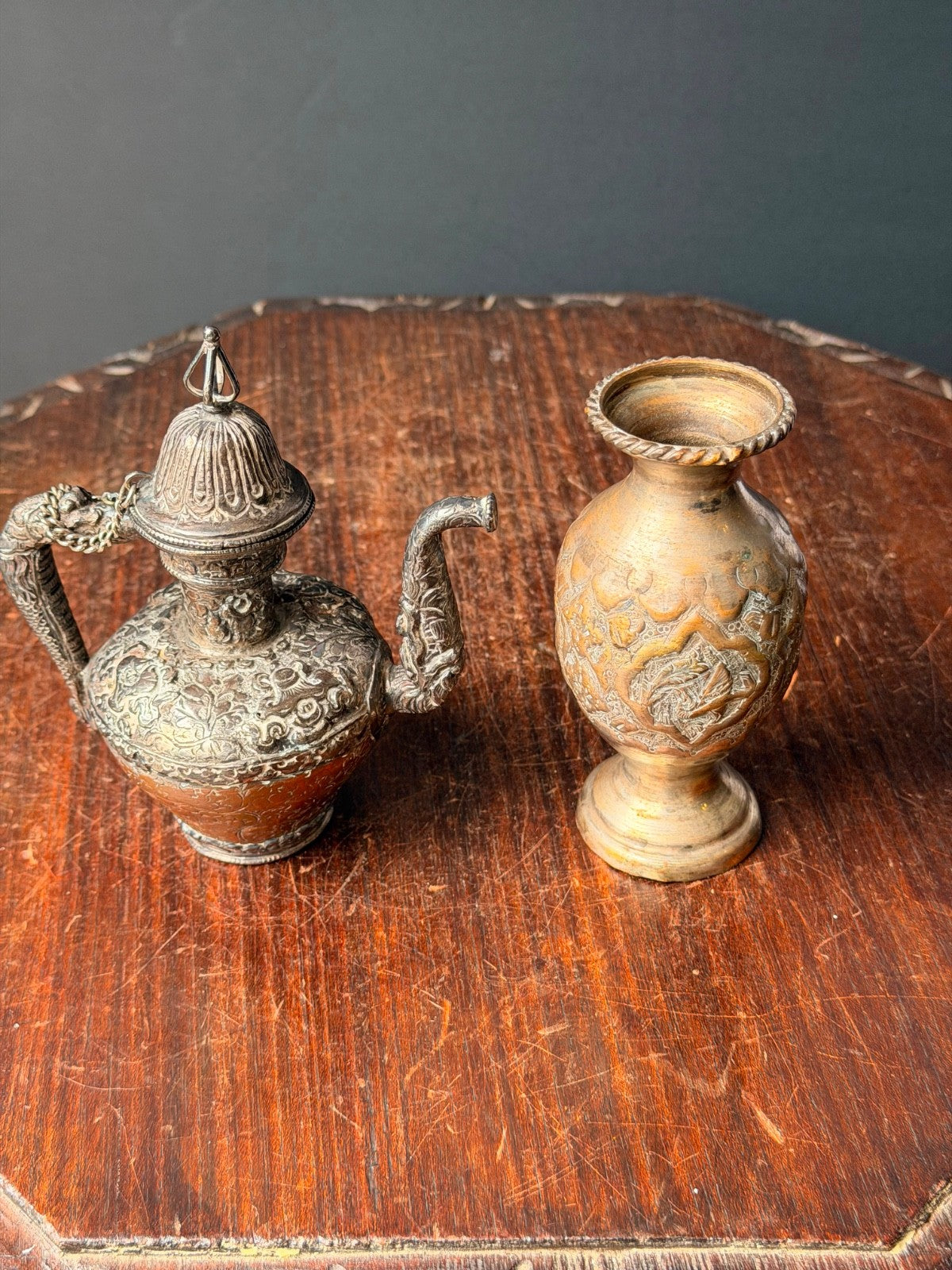 Vintage Ornate Near Eastern Repousse Silvered Teapot Ewer & Brass Vase Lot