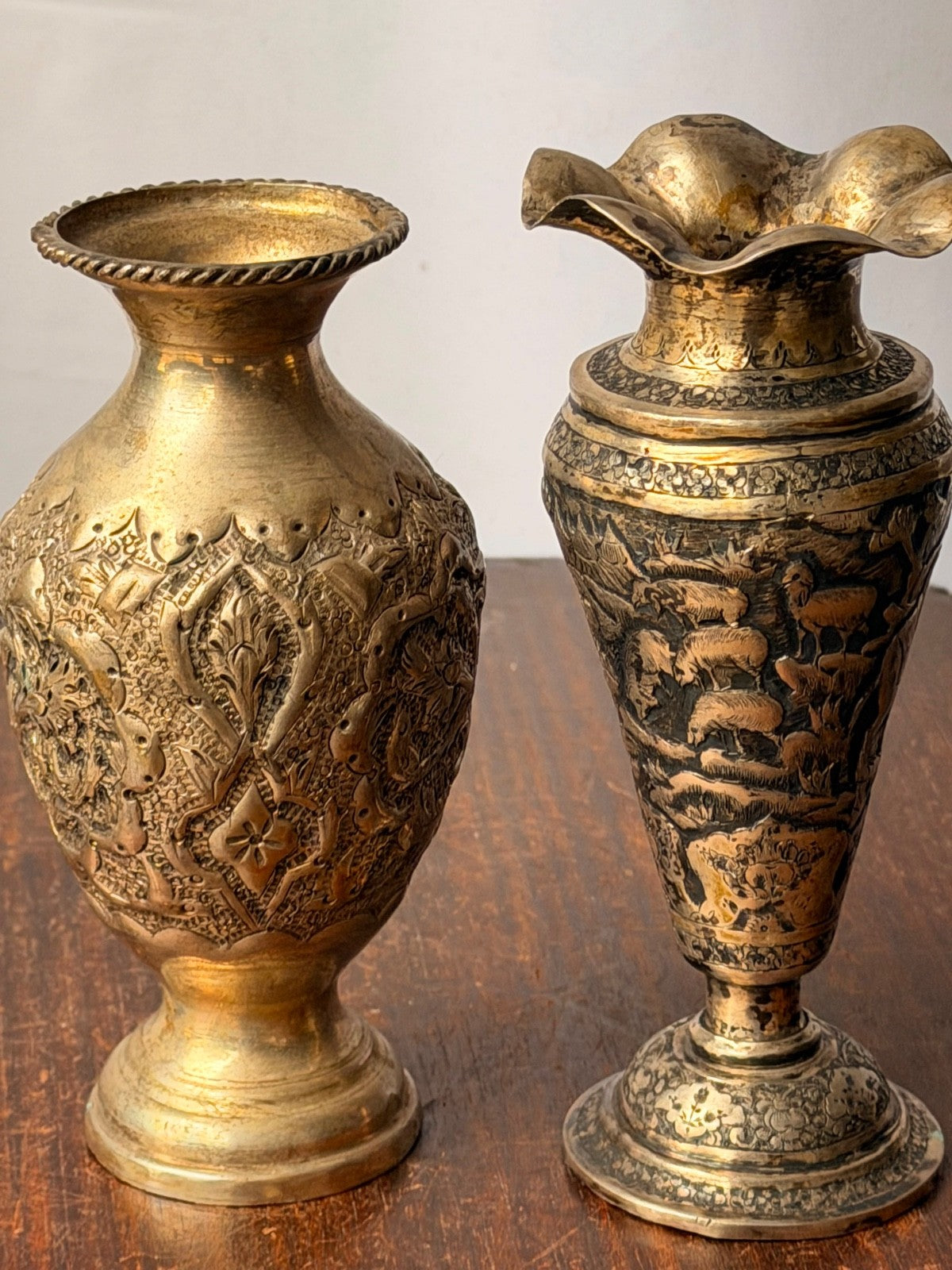 Vintage Near Eastern Silver Plated Brass Vases Pastoral Scene Folk Art