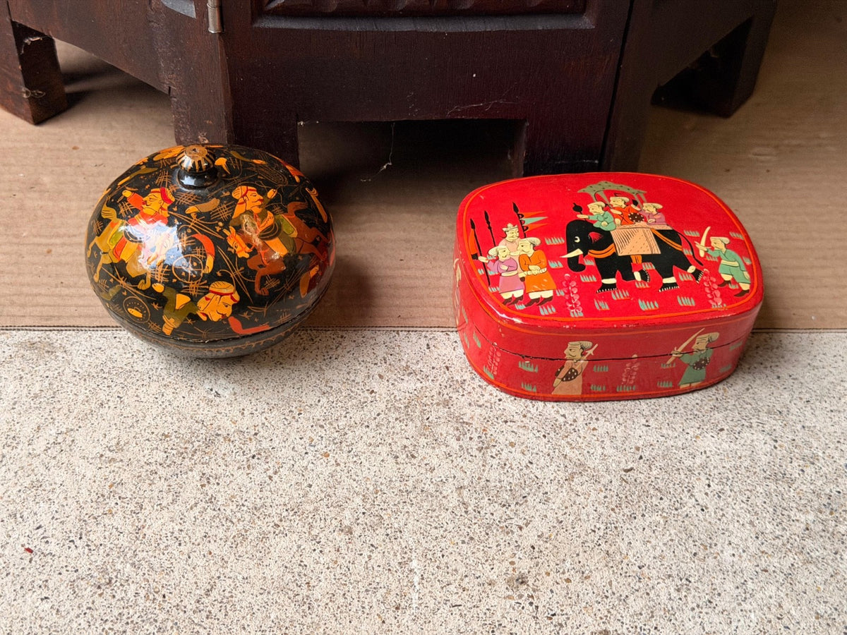 Vintage Hand Painted Lacquer Wood Box Set Royal Elephant Procession Folk Art