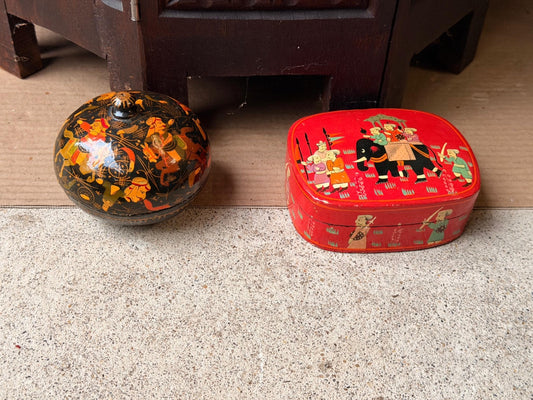 Vintage Hand Painted Lacquer Wood Box Set Royal Elephant Procession Folk Art