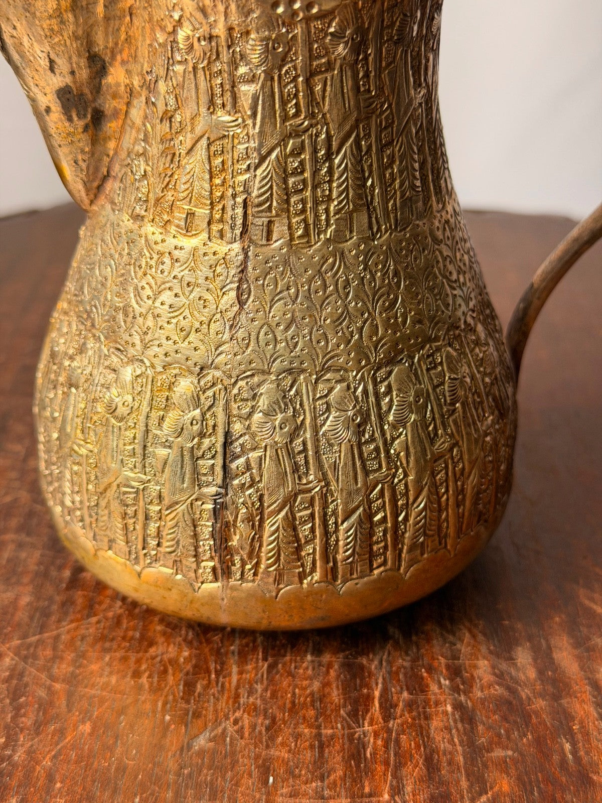 Vintage Near Eastern Silvered Brass Dallah Coffee Pot Figural Repousse Ewer