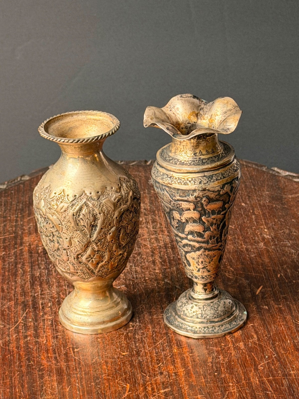 Vintage Near Eastern Silver Plated Brass Vases Pastoral Scene Folk Art